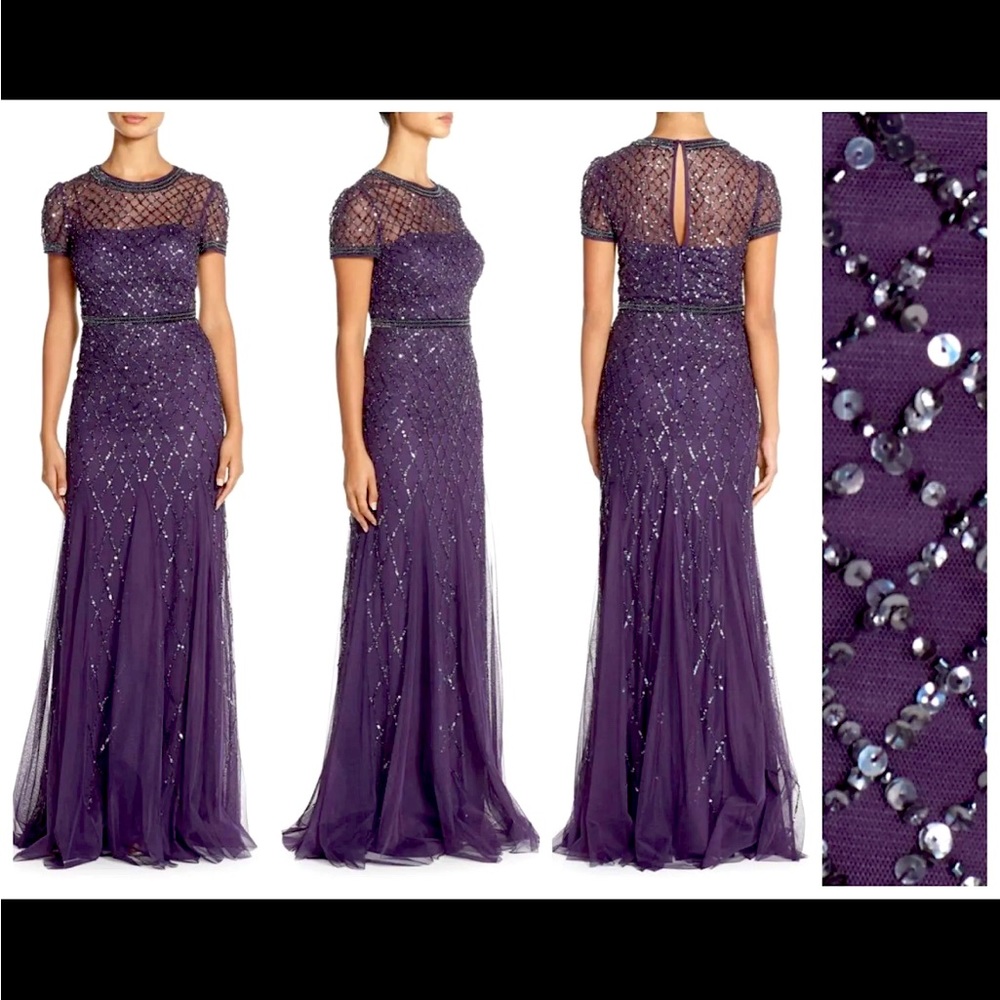 Adrianna Papell caps leave beaded gown